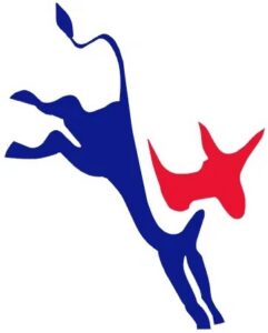 Stylized blue and red jumping donkey
